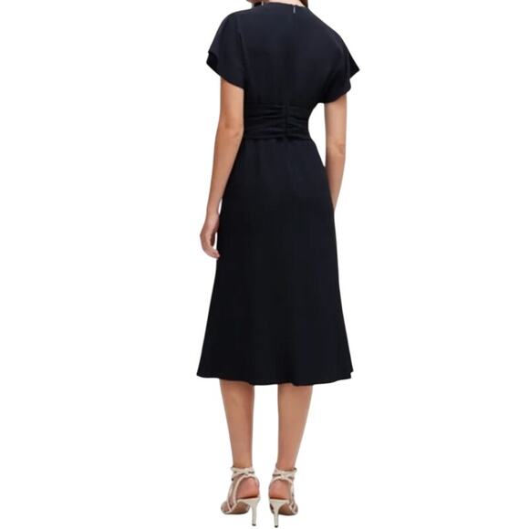 BOSS by Hugo Boss dress Debasa2 V-Neck Short Sleeve Ruched Waist A-Line Midi 14 - Picture 7 of 7